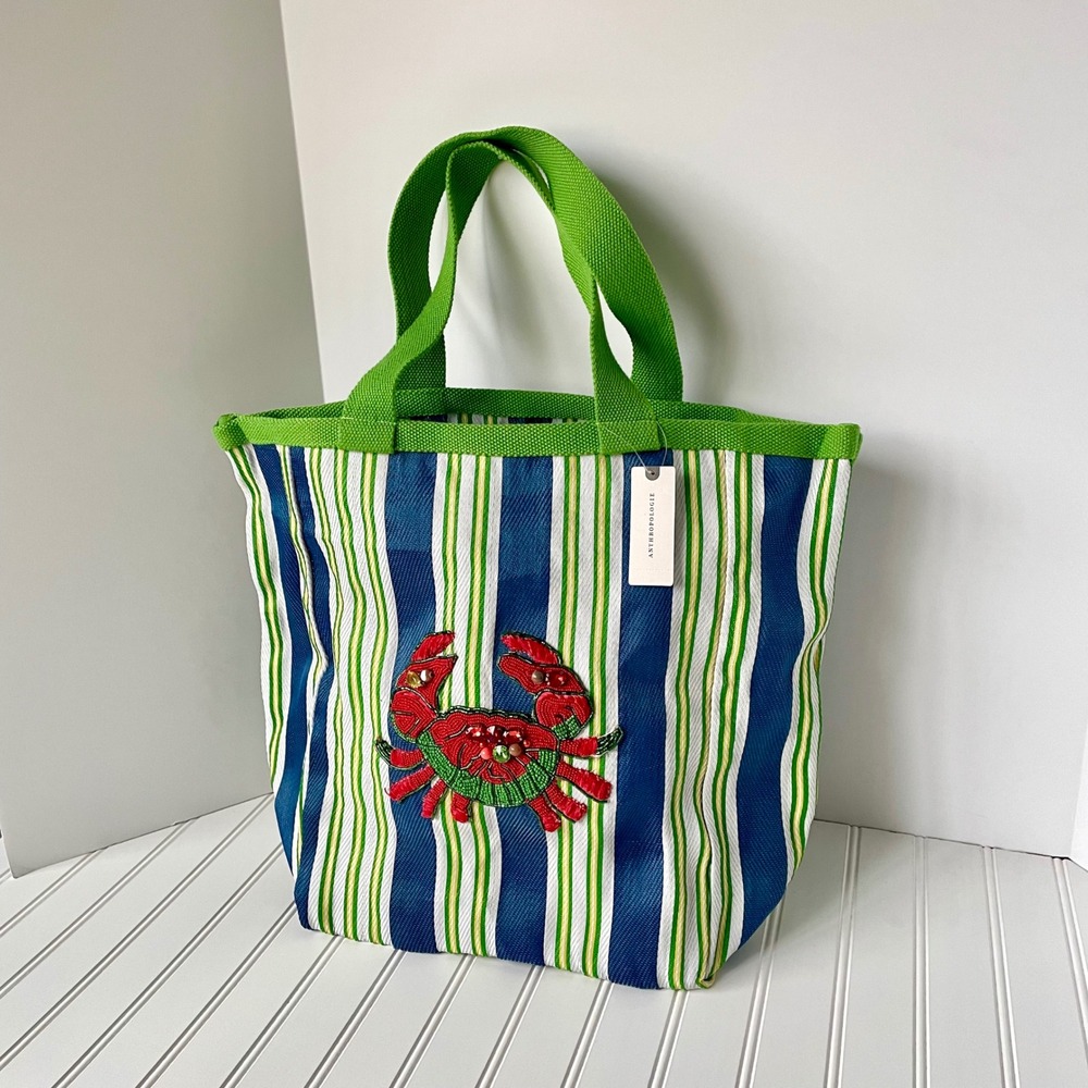 NEW Anthropologie Icon Bucket Beach Tote Blue Green Striped Beaded Crab Pool Bag